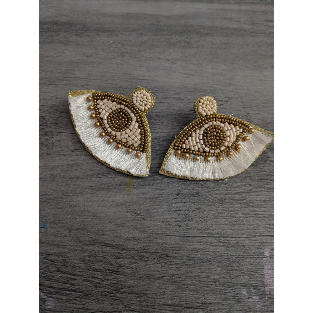Handmade Beaded Fan Fringe Statement Earrings Gold Cream White Boho Post Back